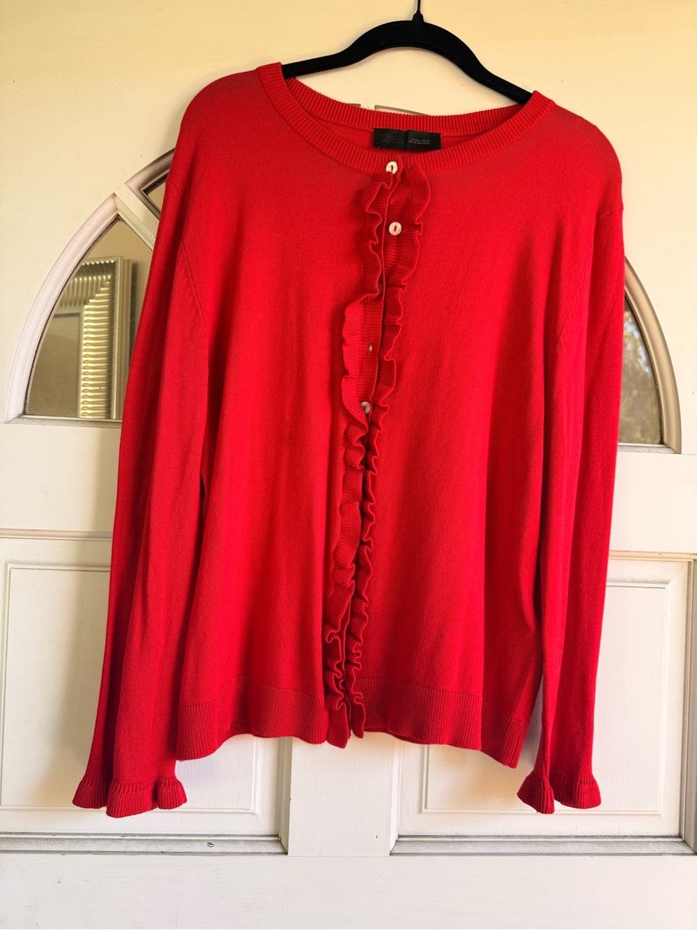Zara Red Ruffle-Front Button Knit Cardigan